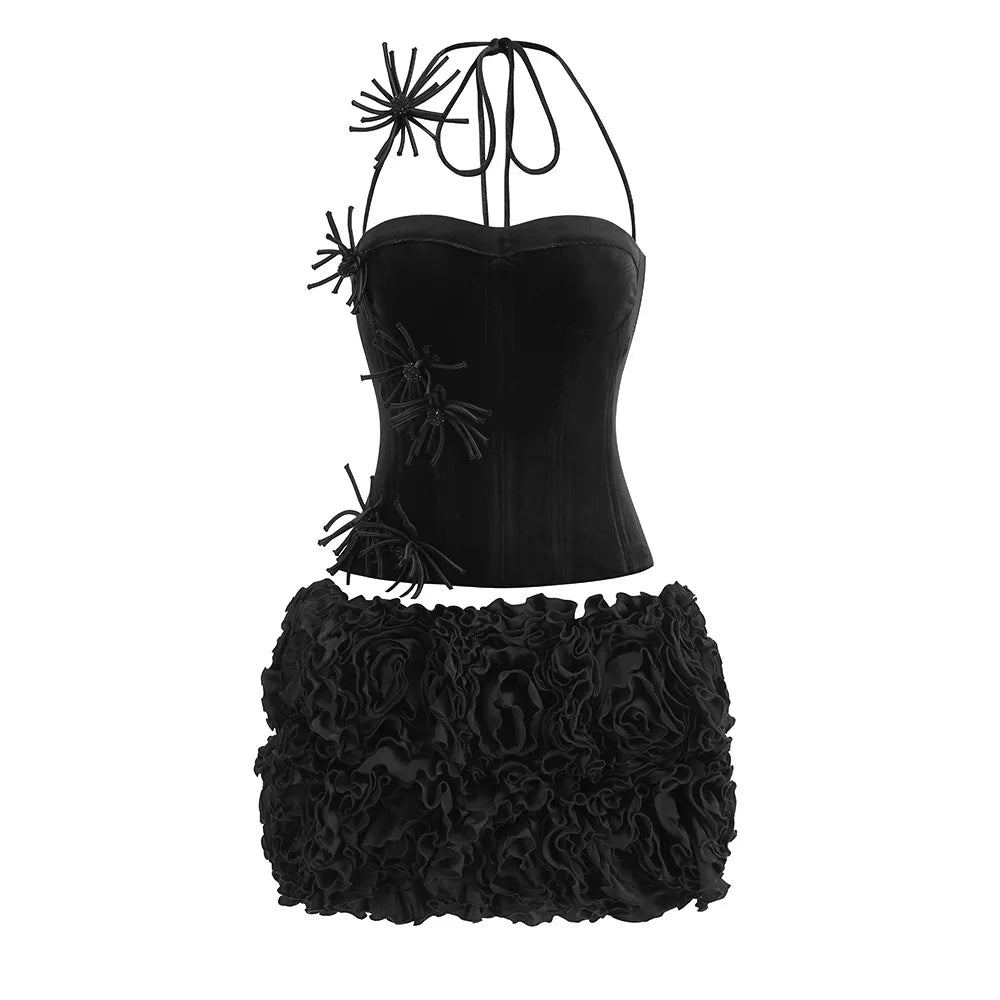 2025 New Hot Pink Bandage Skirt Sets Women Sexy Halter Bodycon Top And Flowers Mini Skirt Two Piece Sets Evening Party Outfit