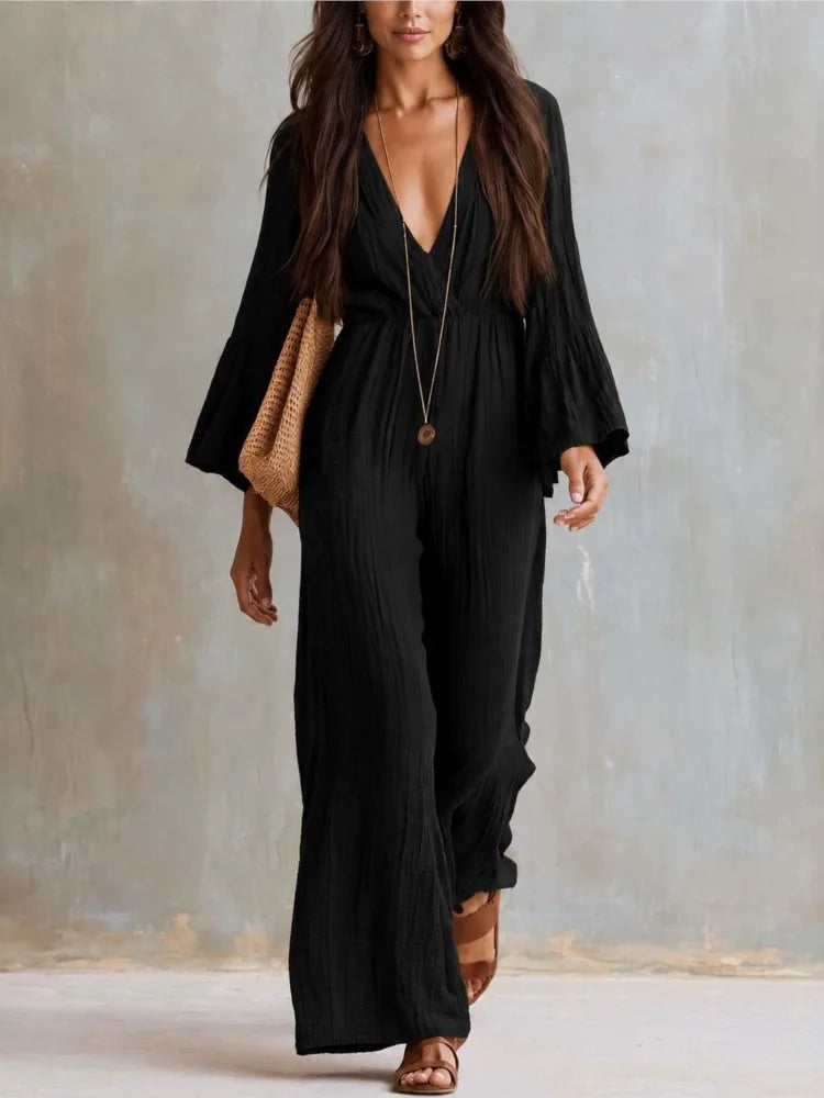 Women Sexy Deep V Neck Flare Sleeve Jumpsuits Spring Autumn Solid Crinkle High Waist Loose Casual Holiday Wide Leg Pants Romper