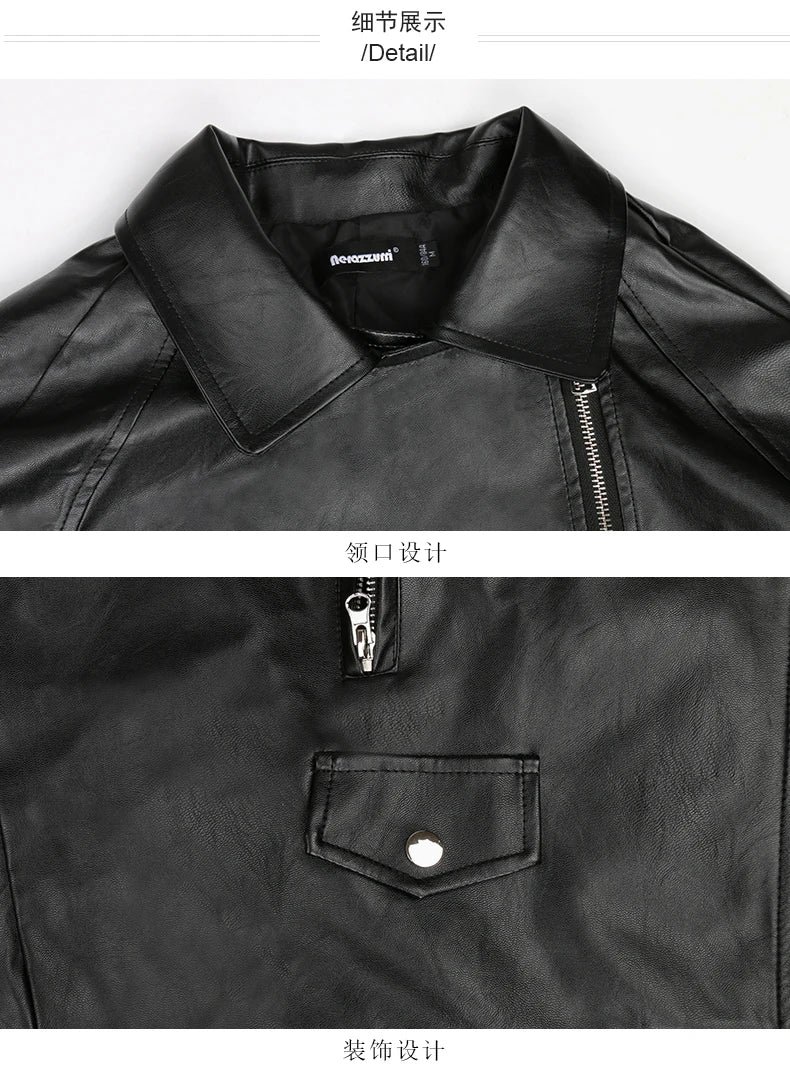 Nerazzurri Spring Autumn Loose Black Faux Leather Jacket Women with Lace Long Sleeves Zipper Belt Luxury Elegant Fashion 2022