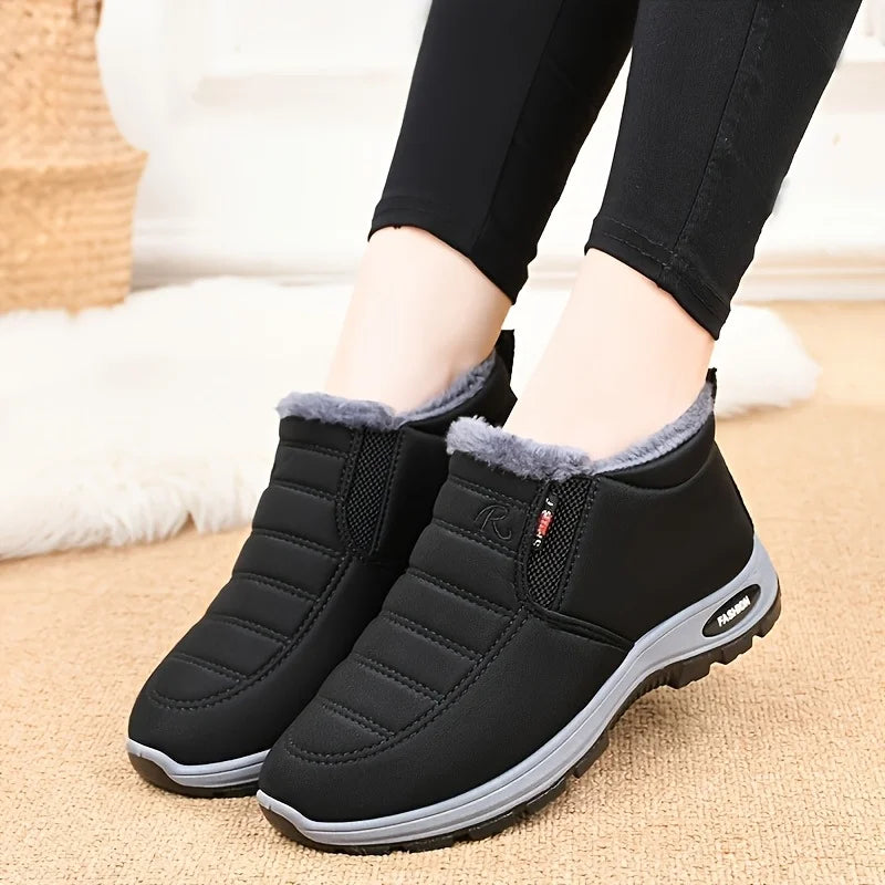 Women's super warm winter boots with anti slip thick soles, low heels, round toe section, solid color outdoor hiking