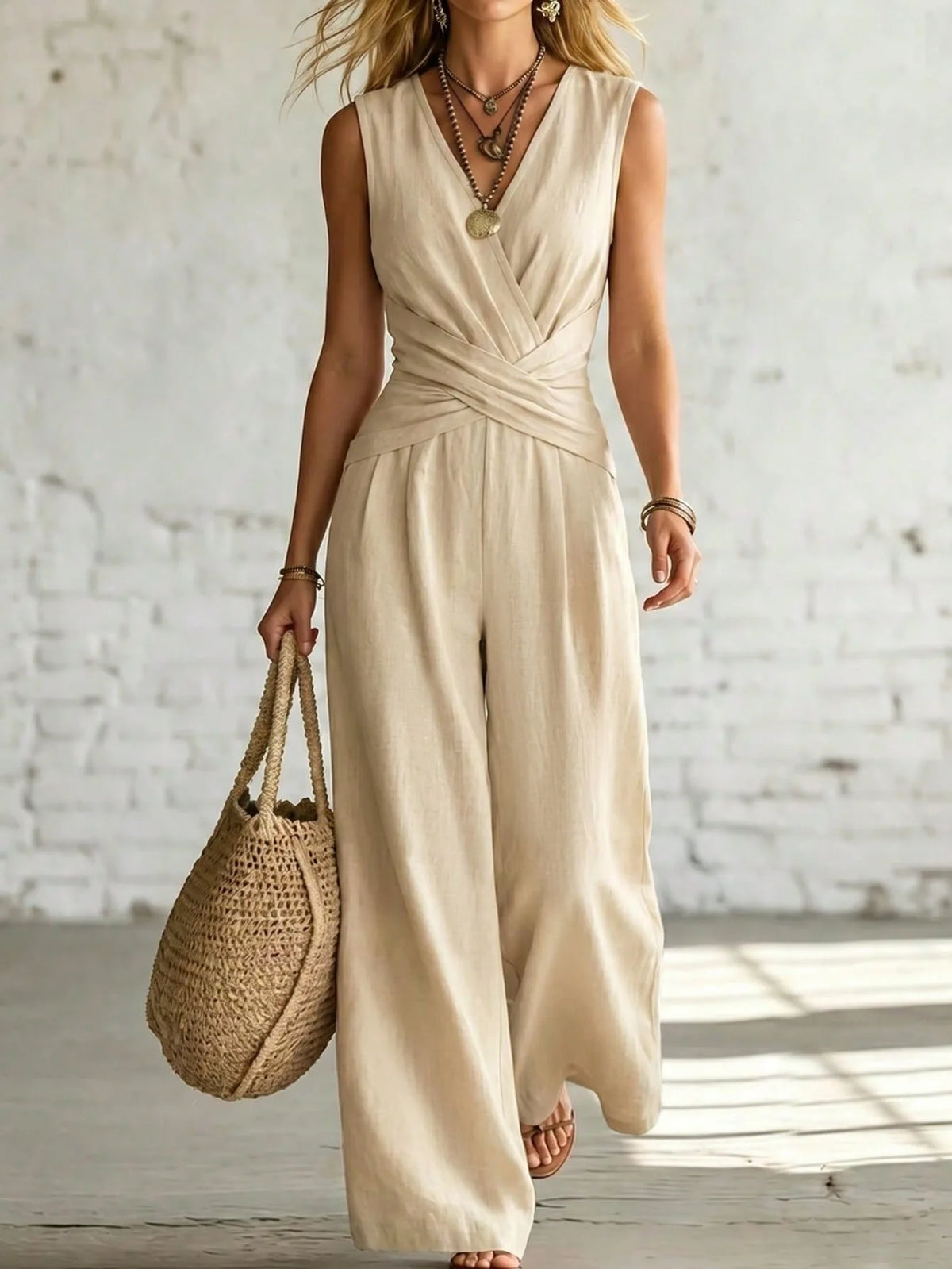 Fashion Light Blue Wide Leg Pants Jumpsuit Women's V-neck Sleeveless Cross Wrap Waist Design Rompers Summer Casual Jumpsuits
