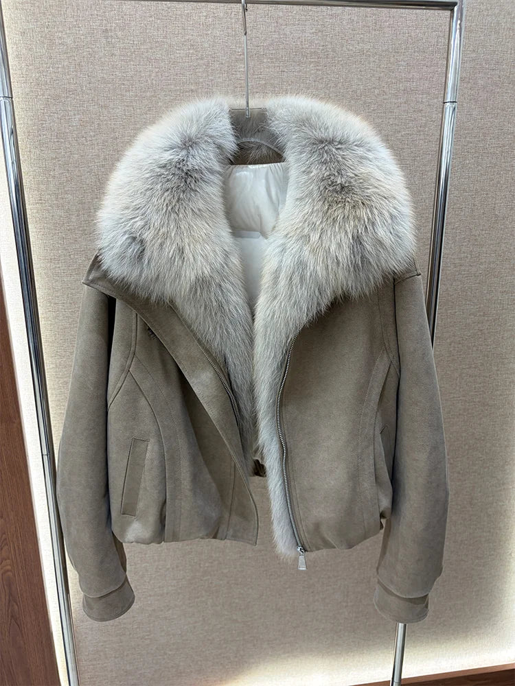 2026 New Winter Women Goose Down Jacket Natural Real Fox Fur Collar Coats Denim Puffer Jacket Outwear