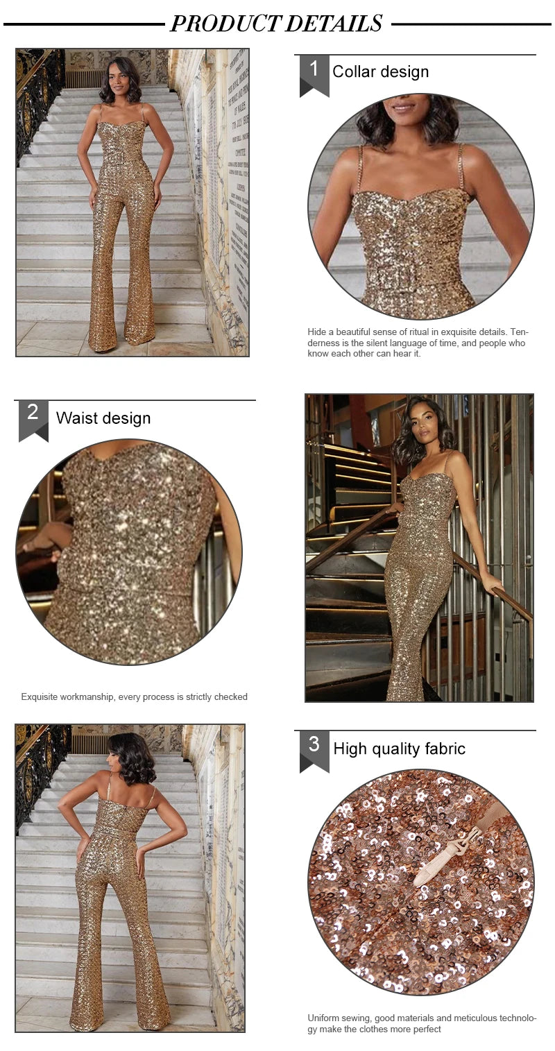 VC Women's Jumpsuits Luxury Gold Sequins Design Birthday Party Clubwear Sleeveless Spaghetti Strap Jumpsuits With Belt