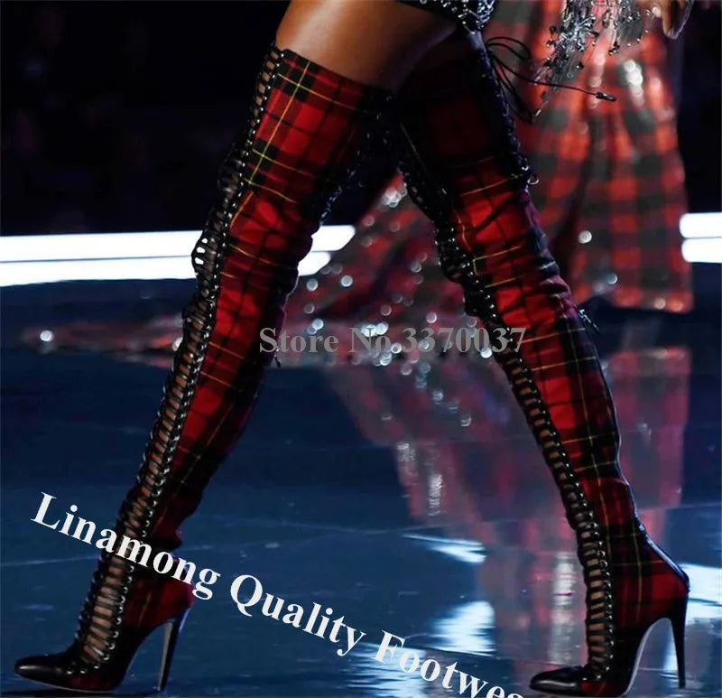 Red Plaid Short Boots Linamong Pointed Toe Cut-out Checkered Stiletto Heel Lace-up Ankle Booties Sexy Slim Dress Heels