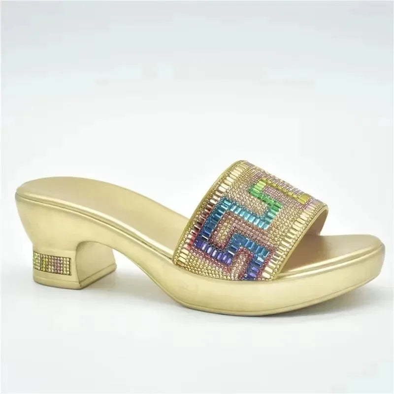 New African Wedding Shoes Decorated with Rhinestone Luxery Shoes Women Open Toe Shoes Slip on Italian Ladies Shoes and Sandals