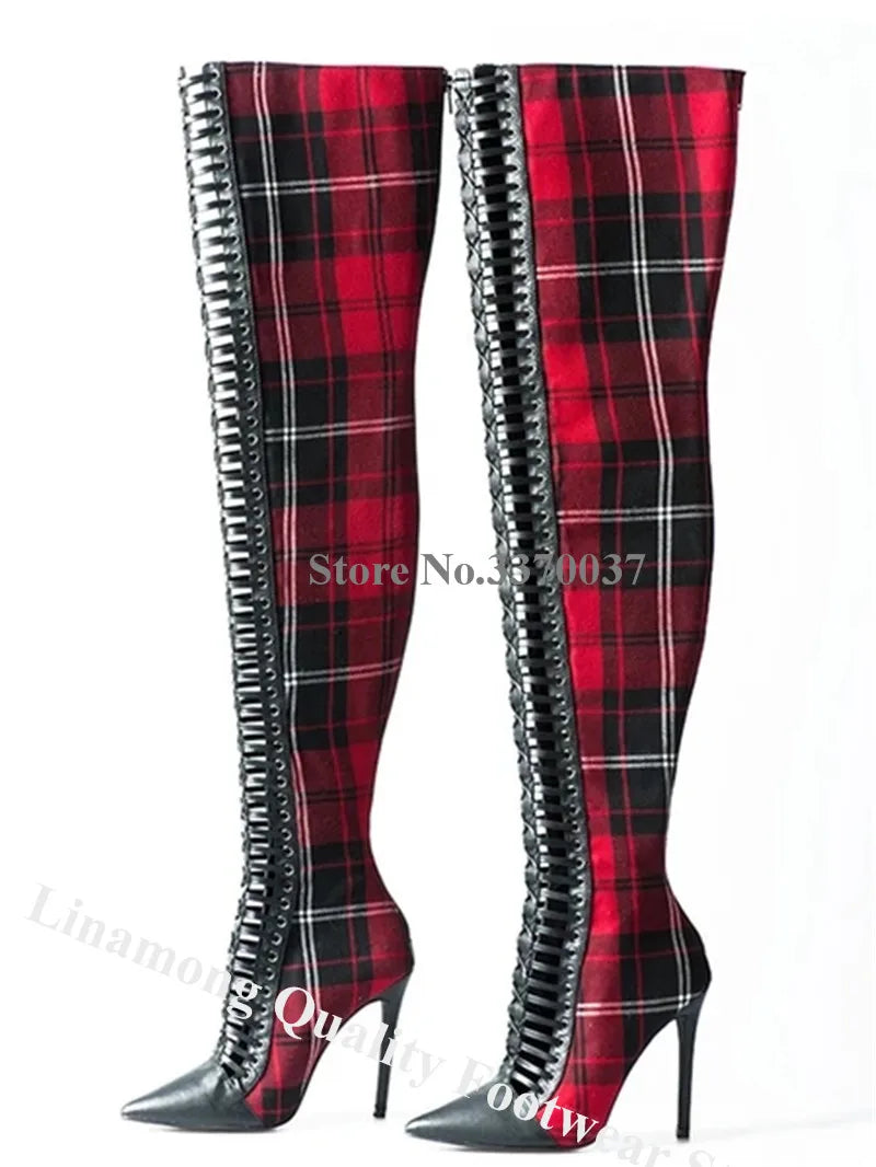Red Plaid Short Boots Linamong Pointed Toe Cut-out Checkered Stiletto Heel Lace-up Ankle Booties Sexy Slim Dress Heels