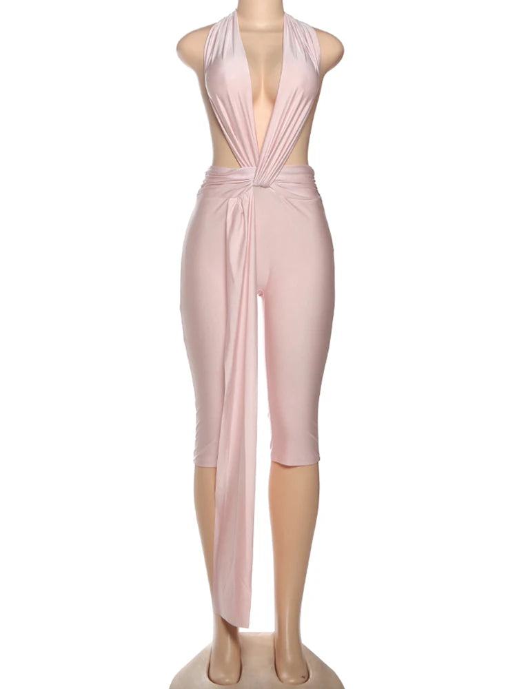 Weird Puss Ribbon Halter Romper Women Backless Patchwork Sleeveless Elastic Workout Activewear Midnight Activity Slim Playsuits