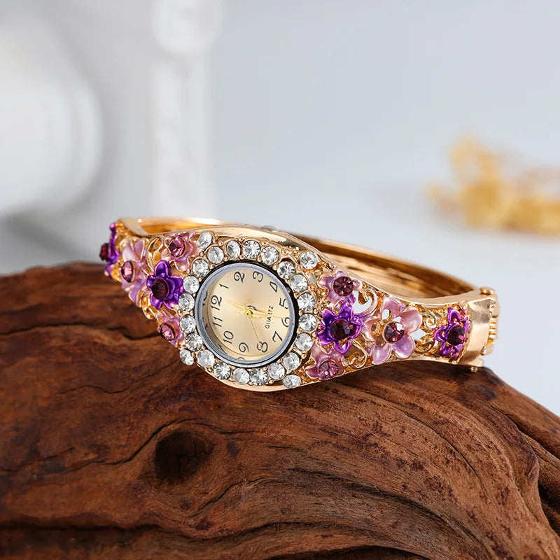 Women's Watches Stainless Steel Rhinestone Quartz Watch Women Fashion Flower Vintage Bangle Elegant Wristwatch Zegarek Damski