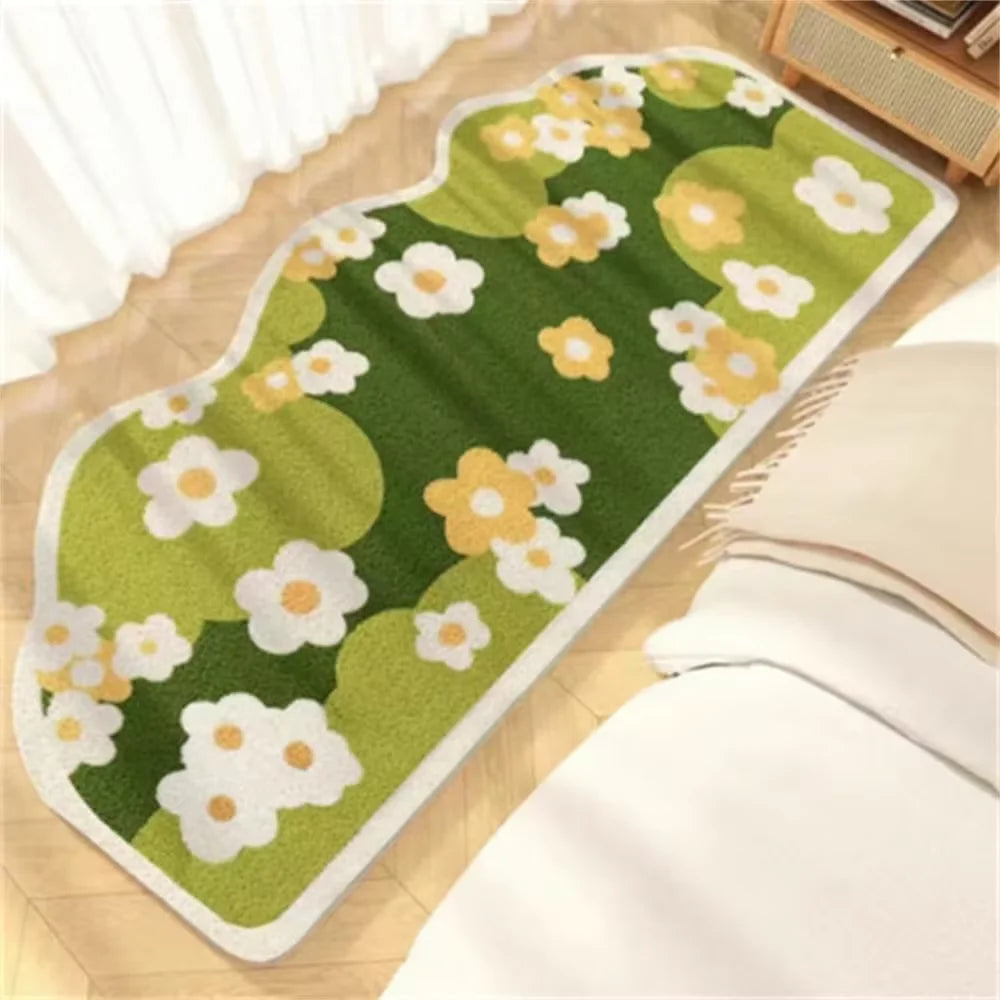 VIKAMA Green Bedroom Rug Fluffy Bedside Carpet Spring Floral and Moss Soft Cute Area Rugs for Bedroom Hallway Home Decoration