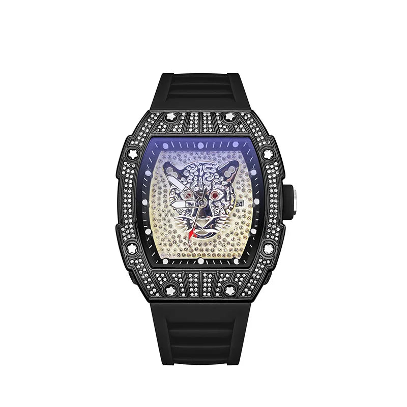 Tonneau Hollow Diamond Leopard Dial Quartz Watch Men Luxury Luminous Fashion Waterproof Rubber Sport Watches Men Steel Men Clock