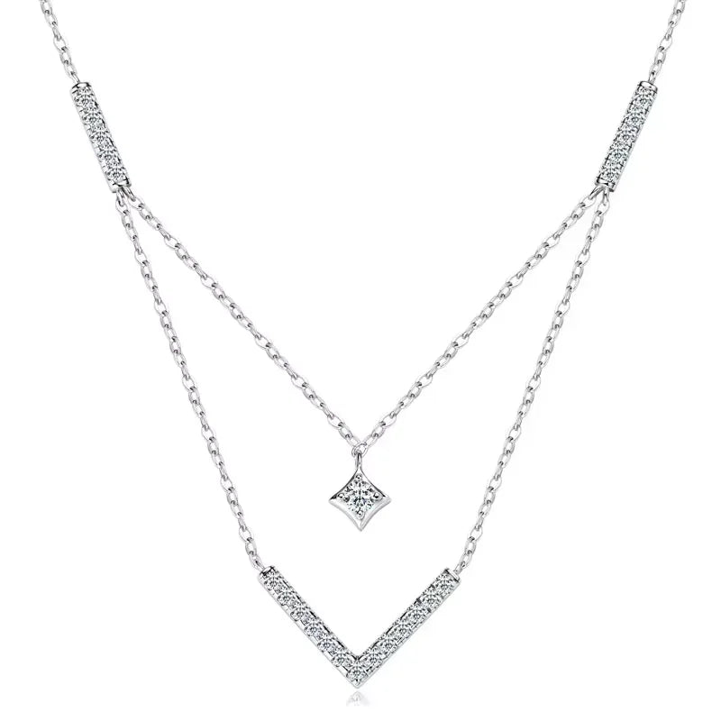 Lnngy Sparkling 3mm&1.8mm Round Moissanite Necklace 925 Sterling Silver Fashion V-Shape Necklaces for Women Fine Jewelry Gift