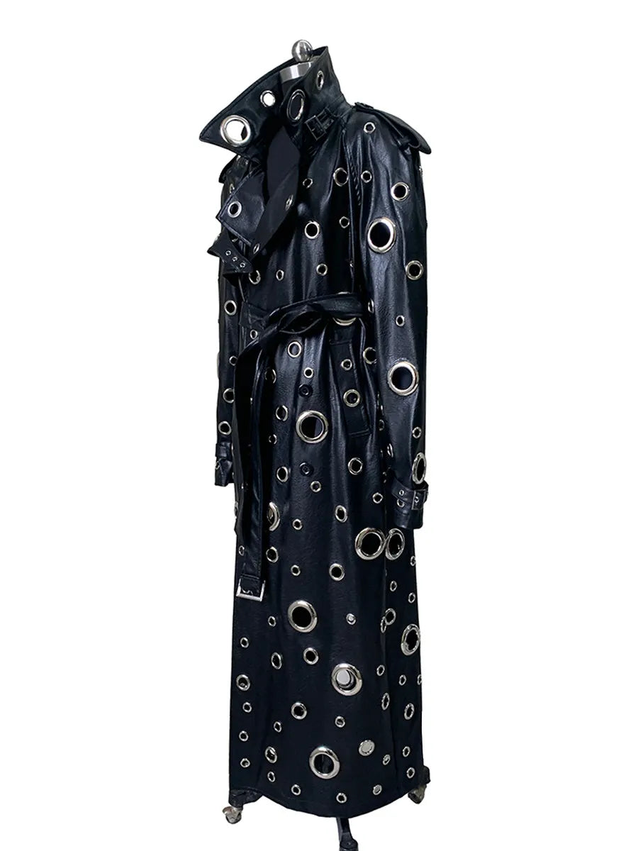 Nerazzurri Autumn Oversized Extra Long Pu Leather Trench Coat for Women Holes Hollow Out Luxury Designer Emo Streetwear Overcoat