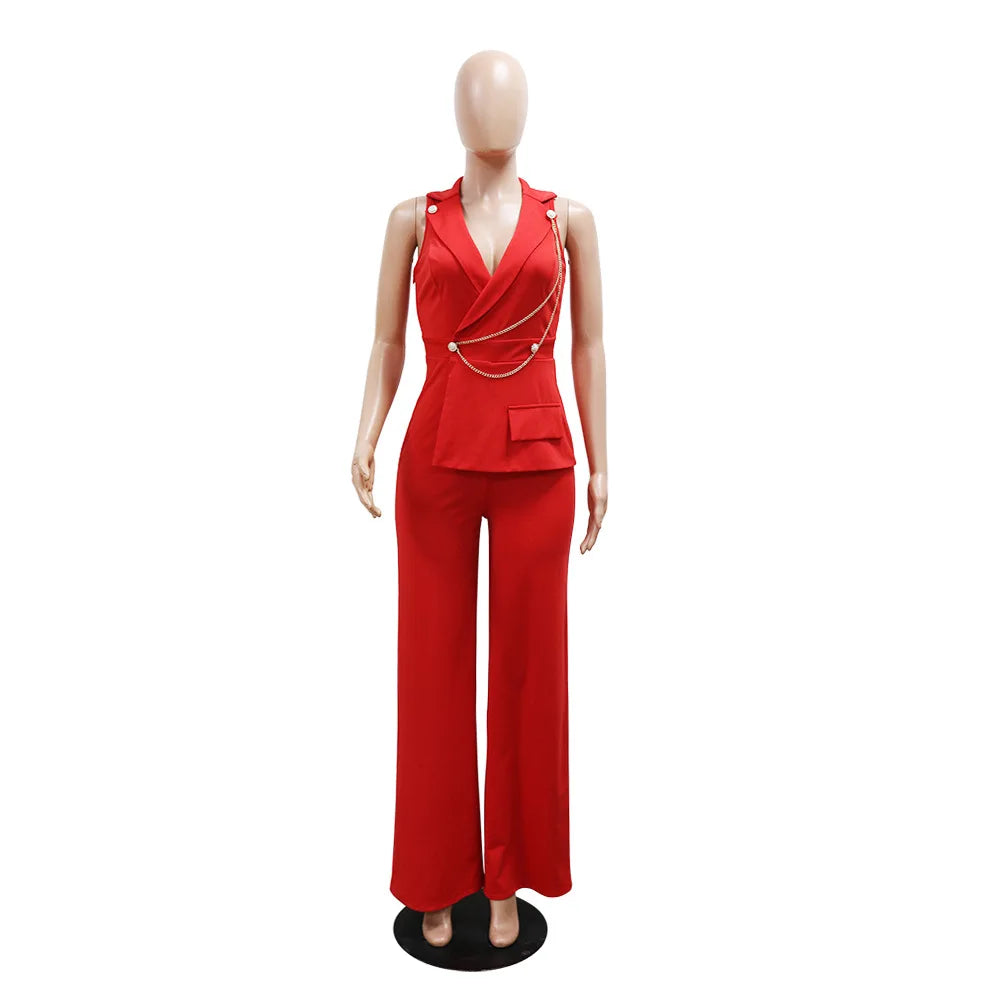 CMYAYA Elegant Womenv-neck High Waist Straight Sleeveless Blazer Jumpsuits 2024 Fall Street Chain Office Lady Party Rompers