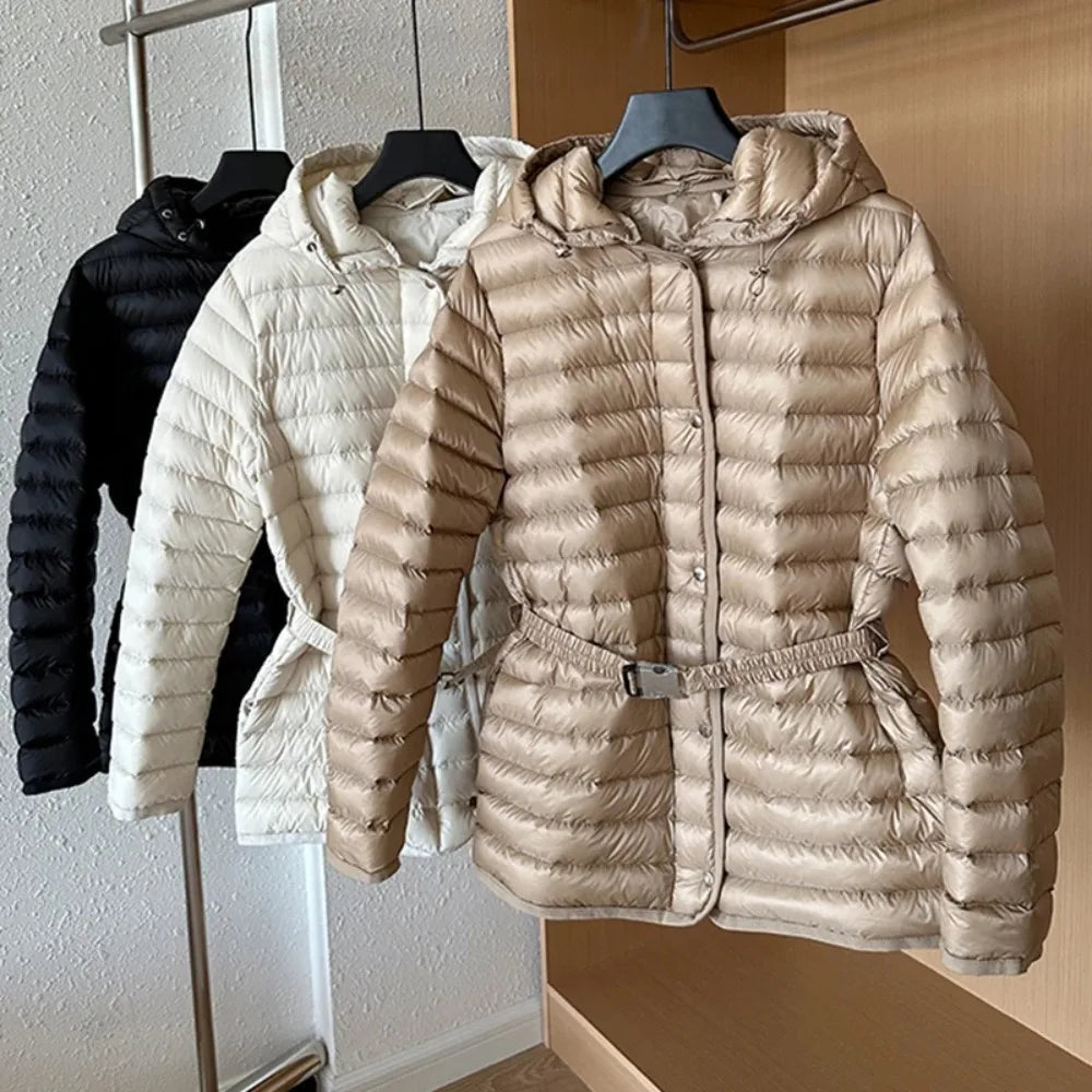 2025 Autumn Winter Luxury Lightweight Short Slim 90% White Duck Down Jacket Women Hooded Detachable Sash Warm Down Coat Fashion