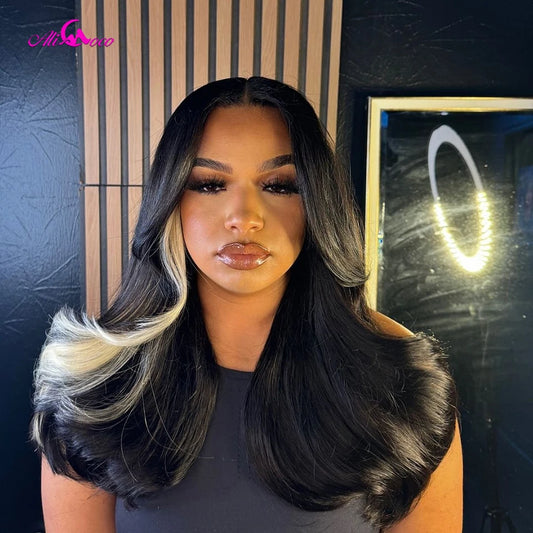 Natural color With 613 Blonde Highlight 180 Density Body Wave Human Hair Lace Front Wigs Transparent Lace For Women 13X4 13X6