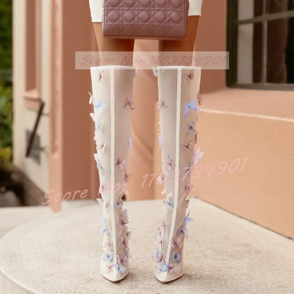 White Mesh Butterfly Wedding Boots Women Party Side Zippr Pointy Toe Knee High Shoes Female Elegant Fashion High Heels Boots