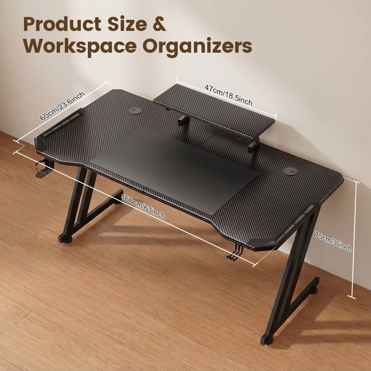 FRODROVIA Gaming Desk with APP RGB LED Lights, Carbon Fiber Surface Gaming Computer Desk with Removable Monitor Riser, Cup Holder & Headphone Hook, Screw‑Type Adjustable Leveling Feet for Gaming Room Home Office