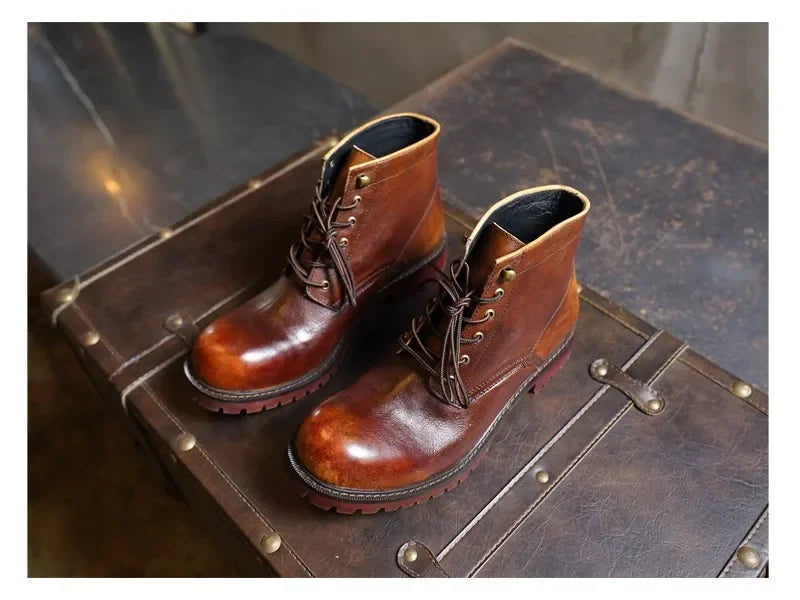 Fashion Men's Genuine Leather Motorcycle Boots British Brogue Shoes High-top Round Toe Mid-calf Chelsea Western Riding Boots