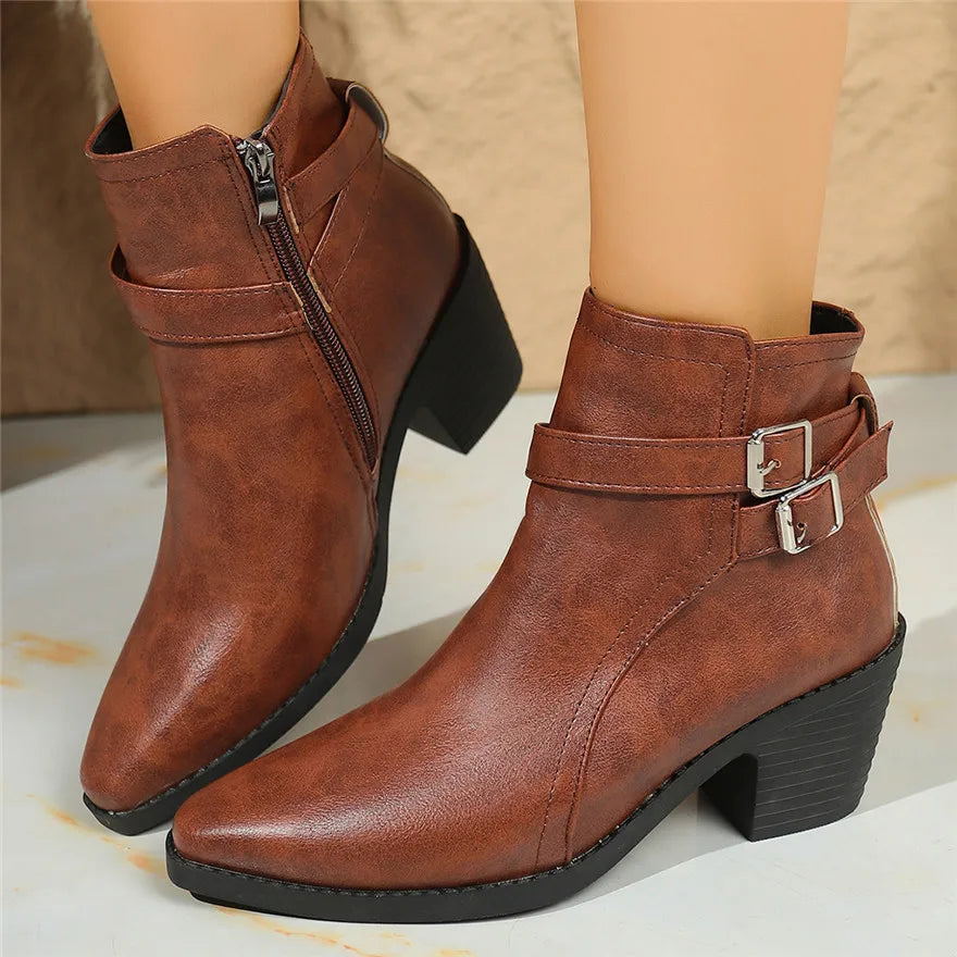 Retro Belt Buckle Women Short Ankle Boots Plus Size 43 Autumn Zipper Soft Leather Square Heel Ladies Pointed Toe Party Shoes New