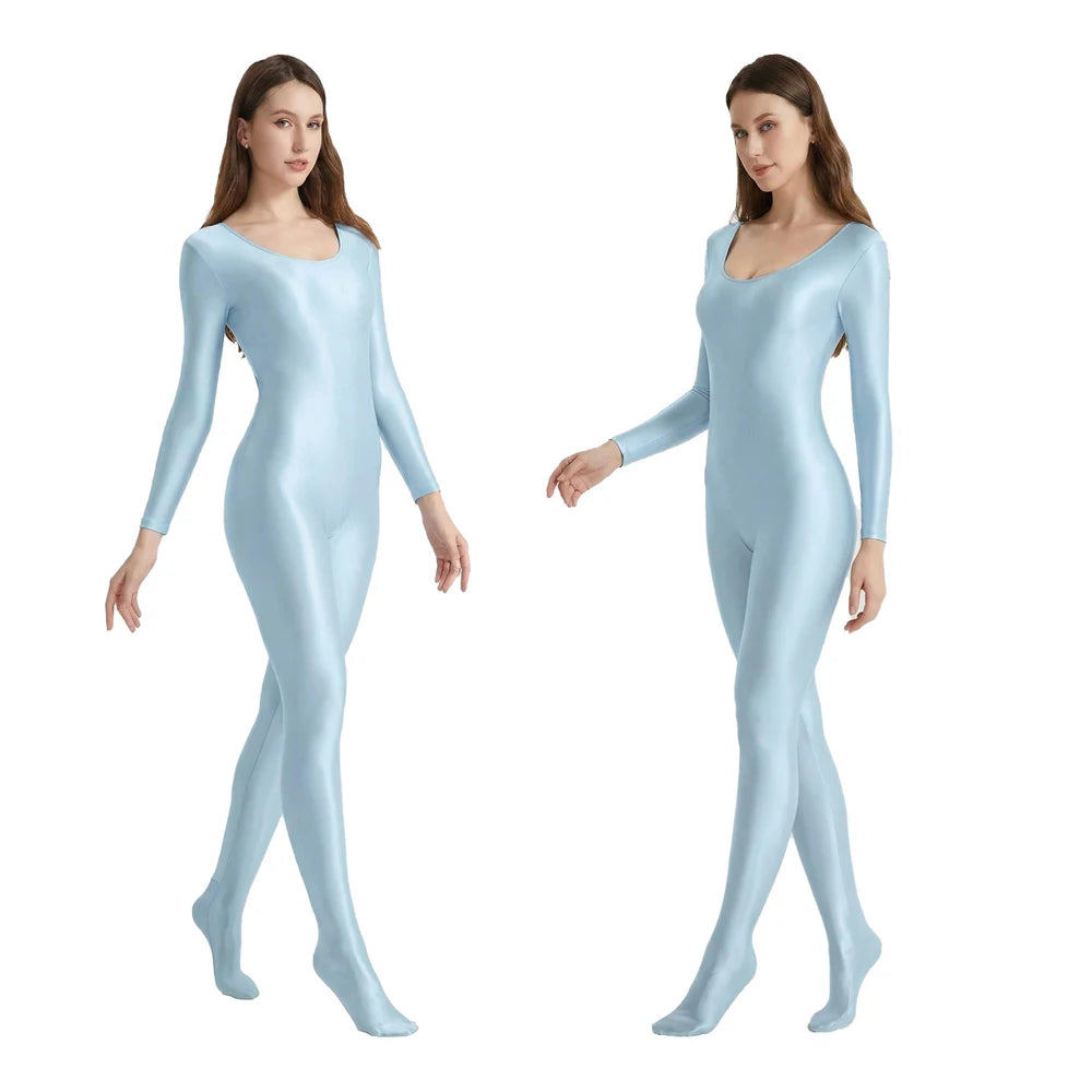 Women's Smooth Glossy High-Elastic Round Neck One Piece Catsuit Long Sleeve Zentai Jumpsuits Cosplay Performance Tights Bodysuit