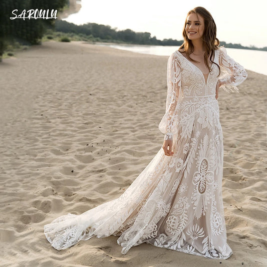Bohemian Long Puffy Sleeves Elopement Bridal Gowns Allover Lace Wedding Dress A Line V Neck Tassel Boho Beach Bride Dresses