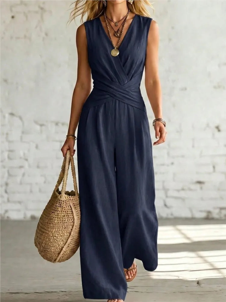 Fashion Light Blue Wide Leg Pants Jumpsuit Women's V-neck Sleeveless Cross Wrap Waist Design Rompers Summer Casual Jumpsuits