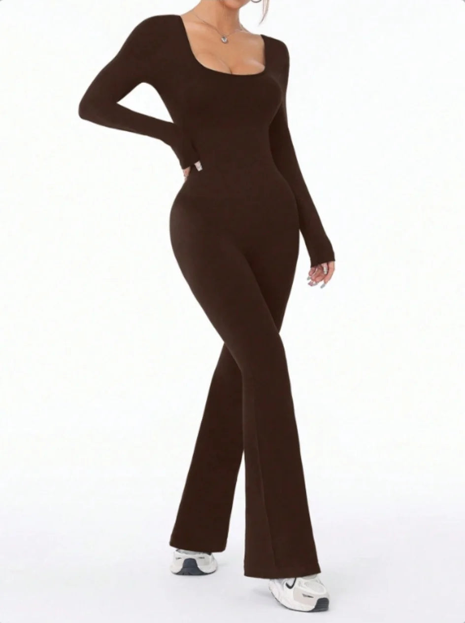High quality solid color long sleeved compression exercise jumpsuit women's sportswear bell bottom pants sexy push up yoga set