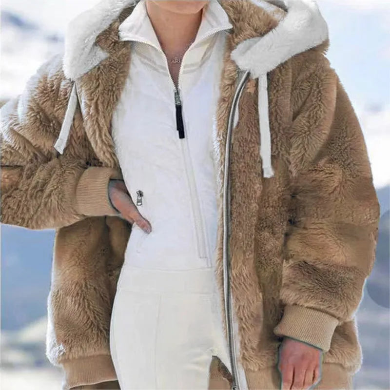 Women's Plush Hooded Drawstring Coat Autumn Winter Fashion Casual Zipper Long Sleeve Pocket Solid Color Ladies Jacket