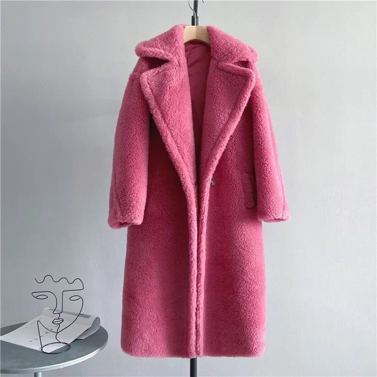 Winter Jacket Women Long Coat Wool Woven Fabric Thick Warm Outerwear Oversize Fashion Streetwear Teddy Bear Coats