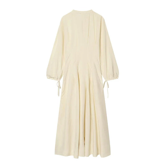 Women's Dress 2026 Summer New Beige Long-Sleeve Loose Tie-Decorated Long Dress Elegant and Graceful Beach Vacation