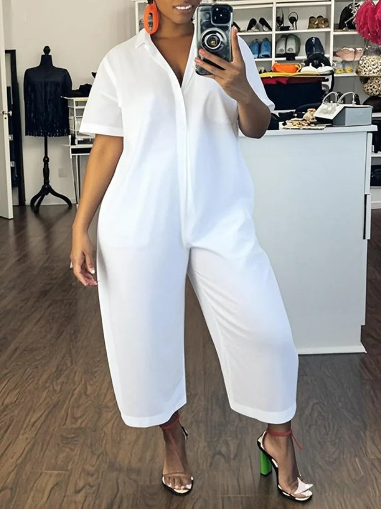 UOOZEE Women's Black White Wide Leg Jumpsuits Loose Short Sleeves Buttoned Solid Color Lapel Collar Casual Romper Streetwear