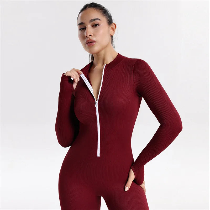 Screw Zipper Long Sleeve Jumpsuit Woman Slim Gym Workout Running Yoga Jumpsuits Women V Neck Tight Sports Fitness Clothes