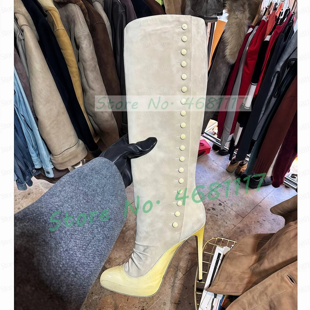 Beige Suede Yellow Leather Patchwork Boots Women Elegant Round Toe Button Decor Knee High Heels Streetwear Side Zipper Boots