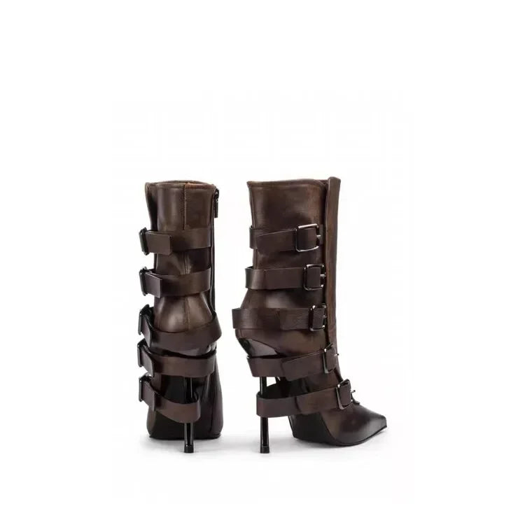 New Belt Buckle Stiletto High Heels Knee Length Boots Autumn/Winter Women's Fashion Pointed Party 34-46 Large Medium Boots