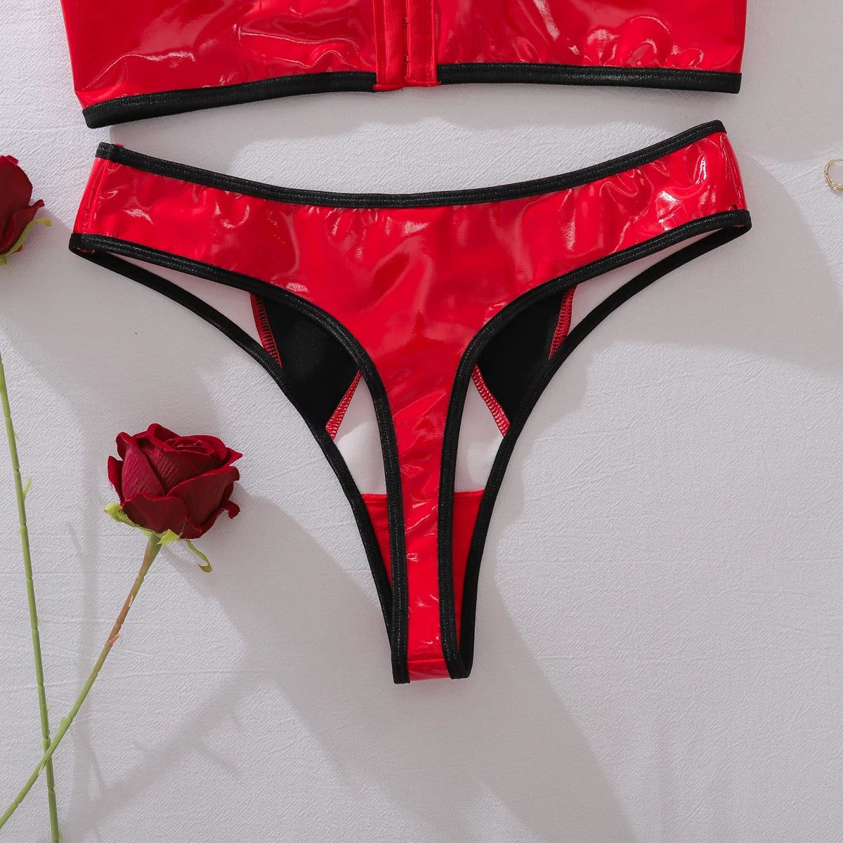 European and American spicy girl comfortable contrasting PU leather slim fit shaping sexy lingerie two-piece set