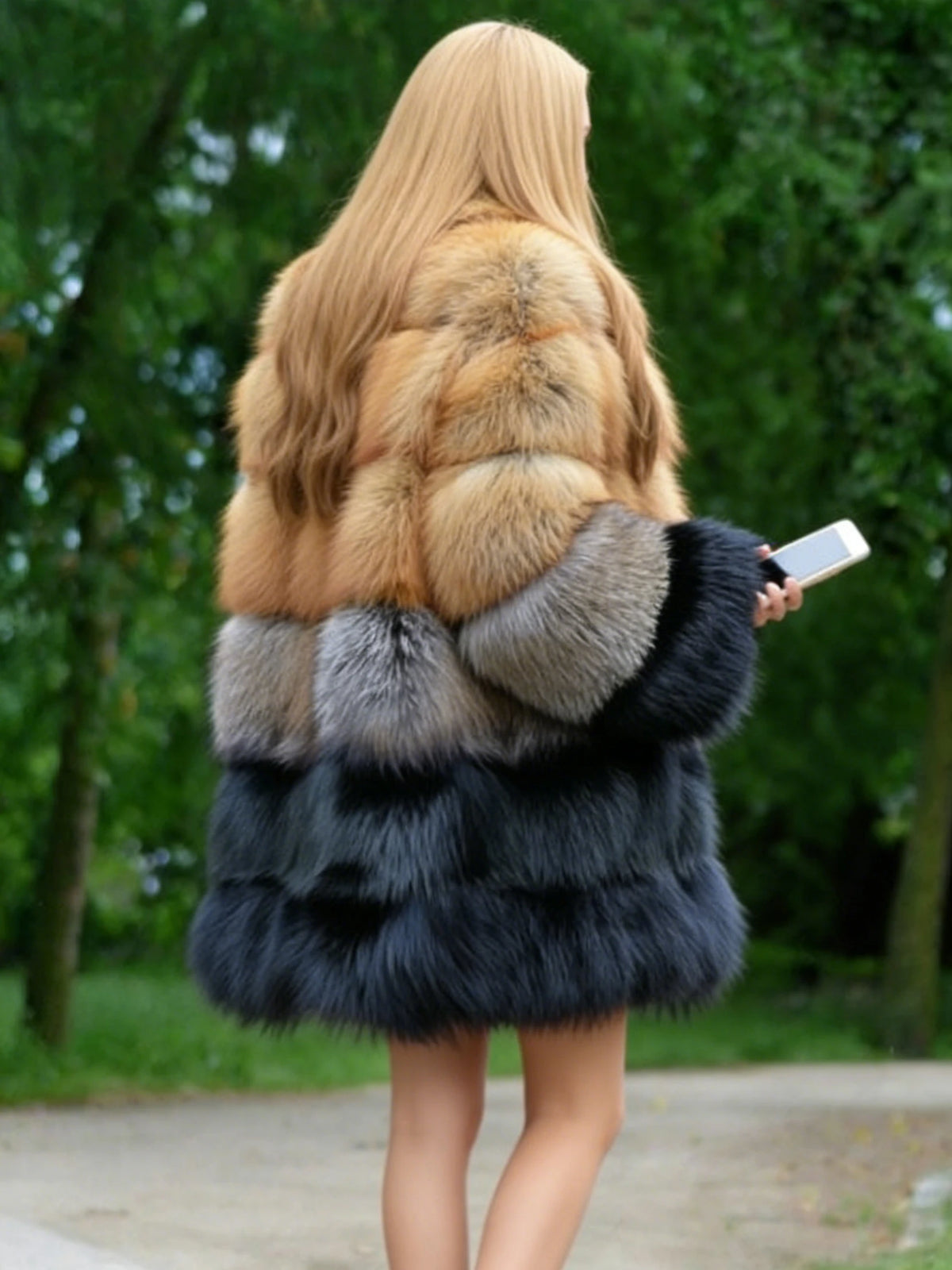 Women Winter Faux Fur Fox Coats mid-length Jackets Furry Outerwear Party Gradient splicing design Thick Warm Coats