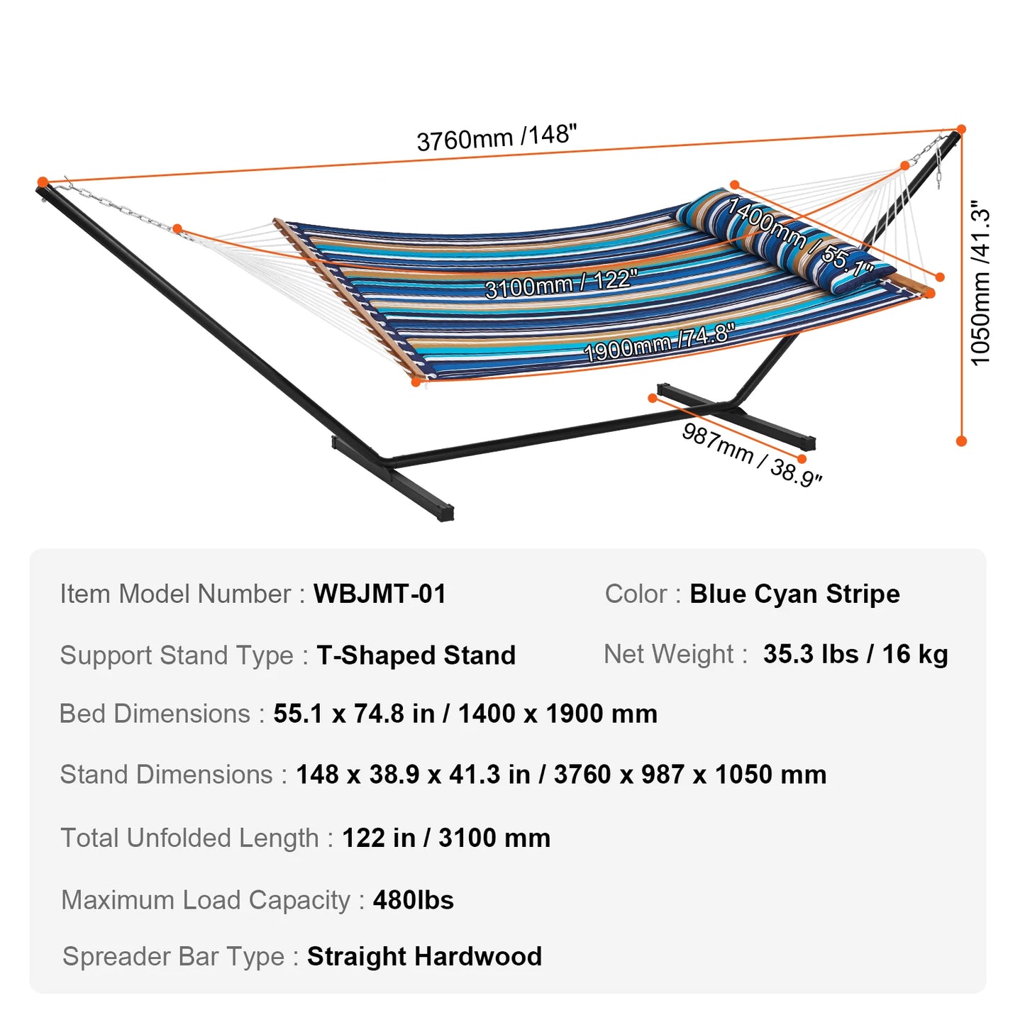 SucceBuy Two Person Hammock with Stand Included Double Hammock with Curved Spreader Bar and Detachable Pillow and Portable Bag
