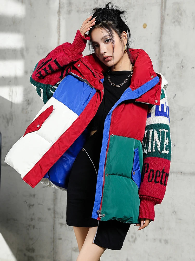 Streetwear Letter Stitching Fashion Down Jacket Women's New Hooded Parka Loose Winter Down Coat Female Thick Casual Warm Clothes