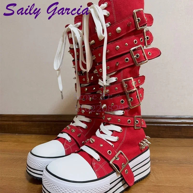 Festival Rave Orange Platform Boots Punk Rivet Buckle Straps Knee High Boots 2026 Fashion Thick Sole Women Shoes Party Footwear