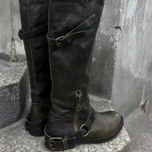 Retro High-Top Knight Boots Women's Autumn Dark Green Belt Buckle Patchwork Denim Boots Thick Heel Medium Heel Folded Over Boots