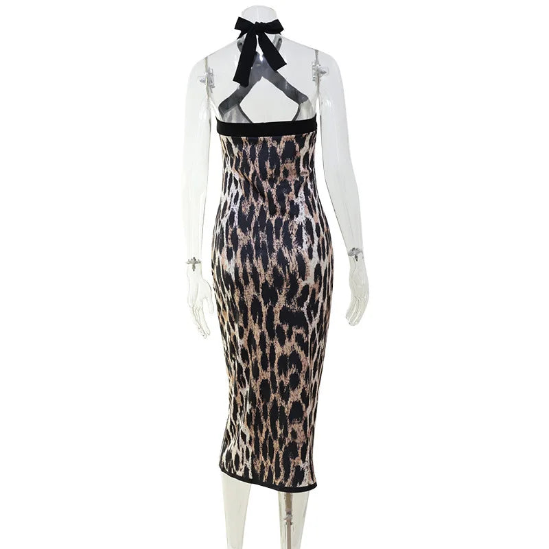 2026 Summer Fashion New Women's Elegant Design Leopard Pattern Dress Slimming Bag Hip Hanging Neck Hanging Long Dress