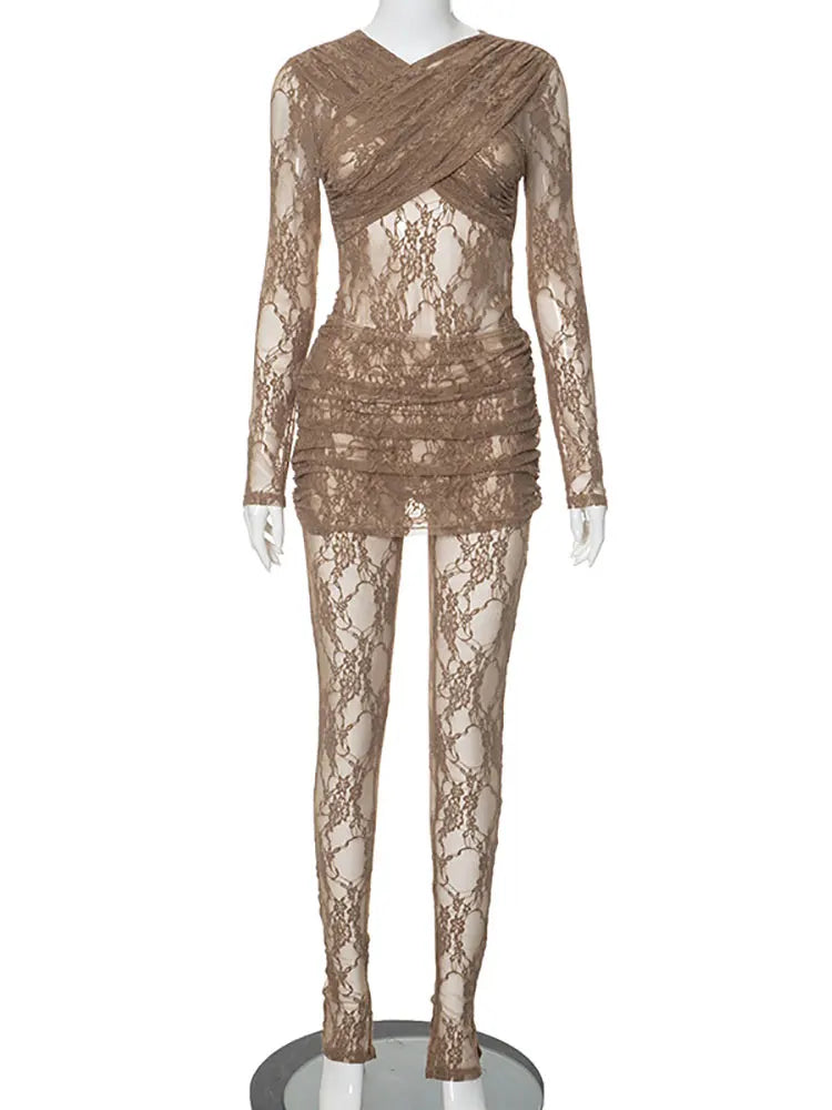 GACVGA New Lace Jumpsuits for Women Long Sleeve See Through Romper With Skirts Two Piece Set Sexy Party Club Jumpsuit