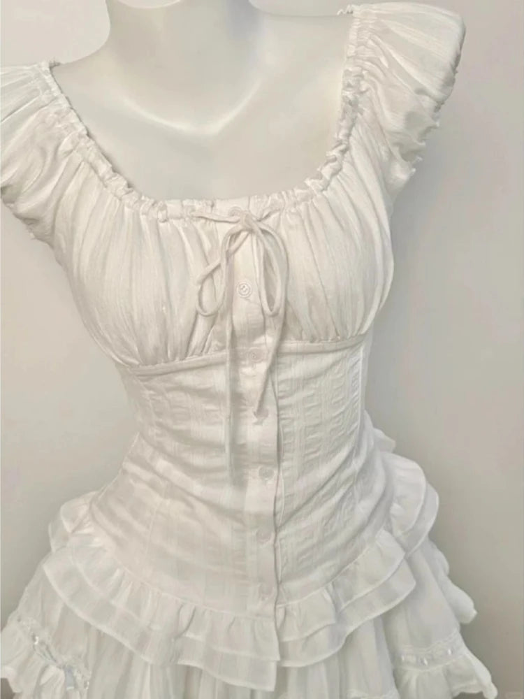 Deeptown Elegant Sweet White Blouses Women Sexy Square Collar Bow Crop Tops Vintage French Style Short Sleeve Ruffle Shirts
