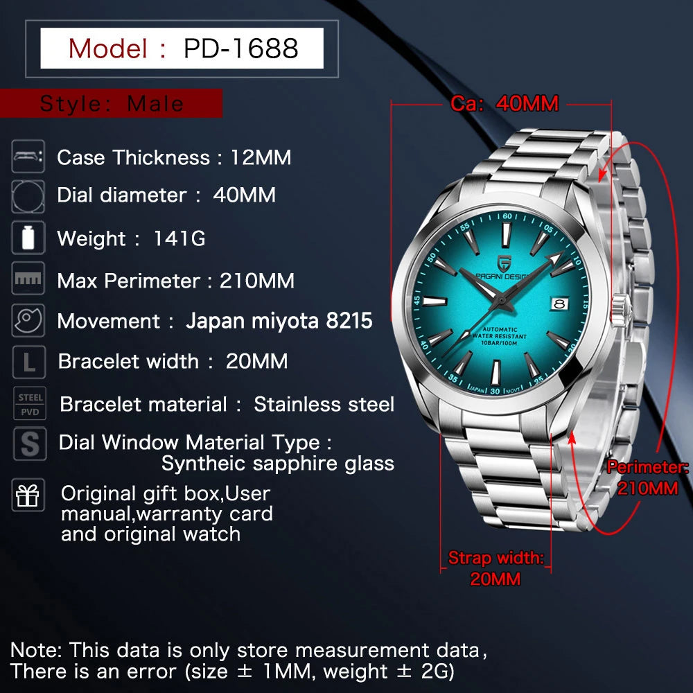 PAGANI DESIGN Men Automatic MechanicalWatch Stainless Steel Bracelet 100M Waterproof Luminous Date Business Dress Wristwatch+Box