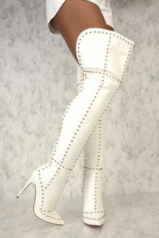 Sexy Green Blue Suede Gold Studs Women Over The Knee Boots Ladies High Heel Thick Slip On Point Toe Rivets Motorcycle Botas