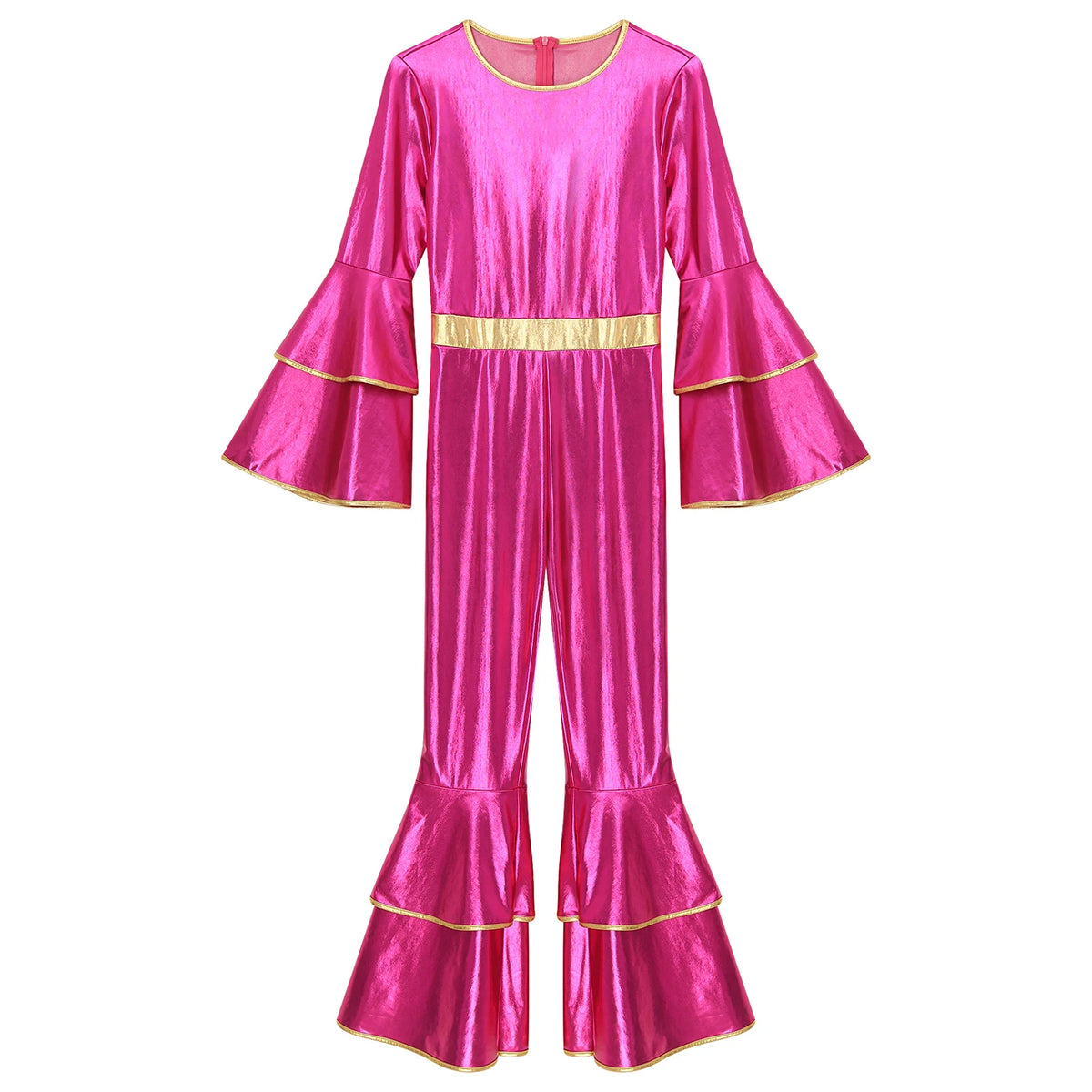 Womens 70S Disco Vintage Jumpsuit Metallic Shiny Flare Sleeve Bodysuit Hippie Bell Bottom Jazz Dance Carnival Rave Party Costume
