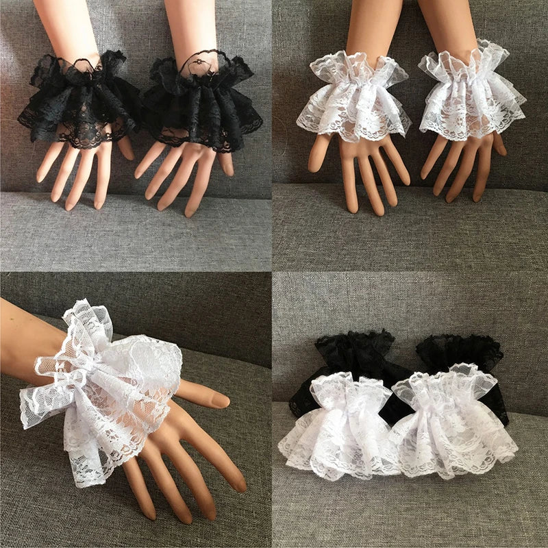 Lolita Short Hand Sleeve Gloves Steampunk Lolita Hand Sleeve Wrist Cuffs Ruffled Floral Lace Elastic Bracelet Clothing Accessory