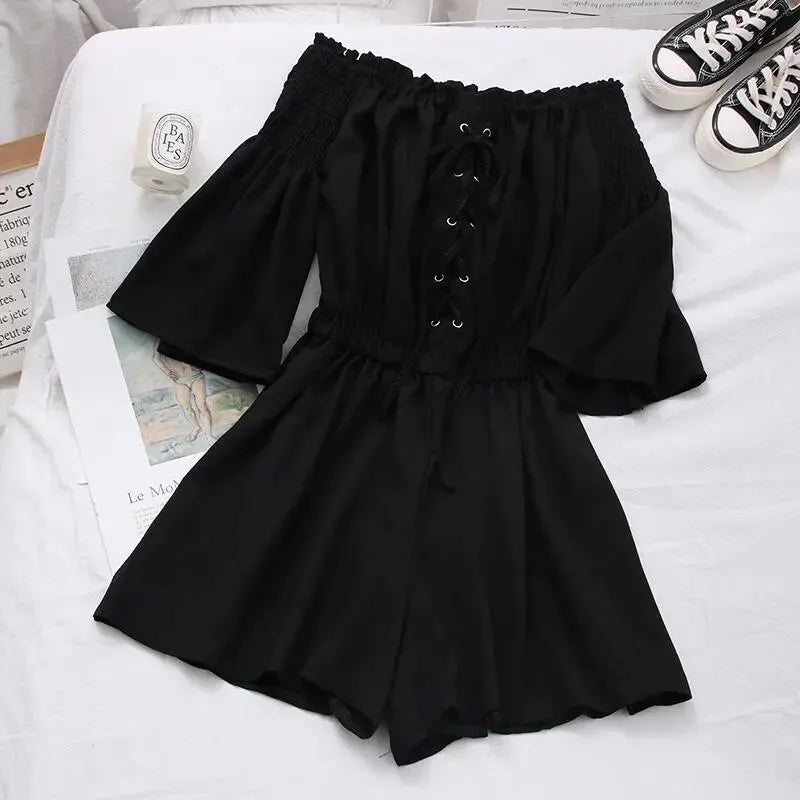 Women's Casual Summer Beach Romper Olive Green Off The Shoulder Lace Up Short Sleeve Elastic Waist Playsuit