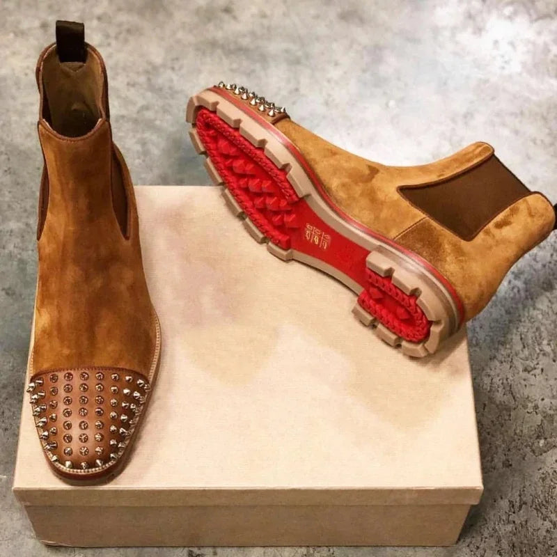 New Brown Men Chelsea Boots Flock Rivet Square Toe Red Sole Punk Handmade Men Short Boots Bottes Pour Hommes