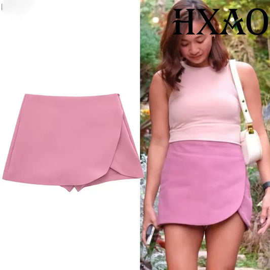 HXAO Women's Skort High Waist Brown Skirt Pants Stylish Summer Pink Black Mini Skirt Shorts Asymmetric Casual Off White Skort